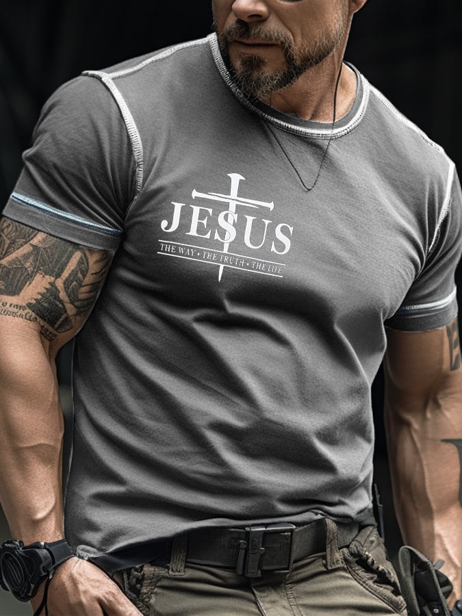 Men's Retro Faith Color Contrast Stitch Print T-Shirt