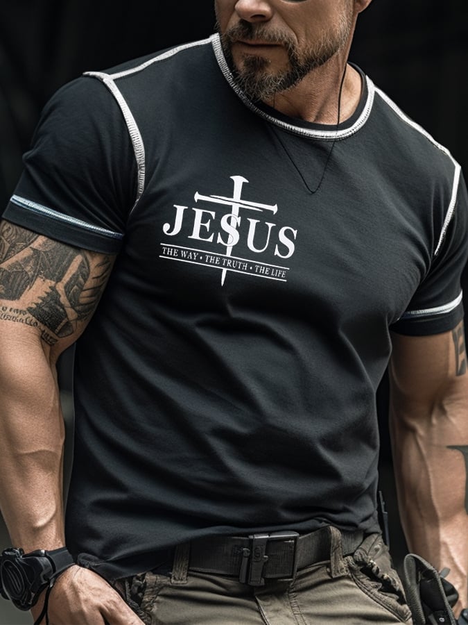 Men's Retro Faith Color Contrast Stitch Print T-Shirt