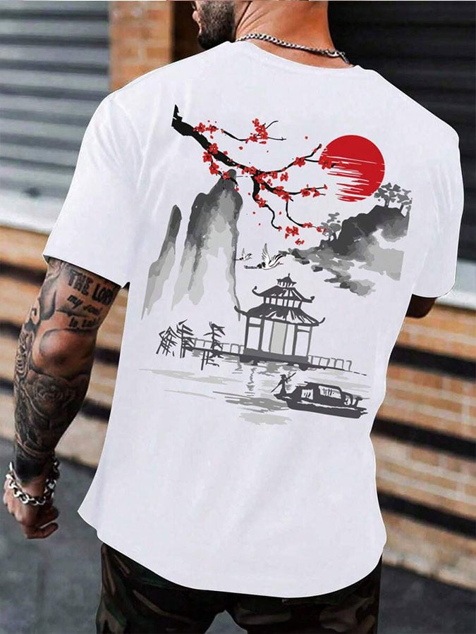 Men's ancient oriental landscape painting printed T-shirt