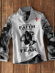 Men's Waffle "Let Your Faith Be Bigger Than Your Fear" Printed Stand Collar Button-Down Sweatshirt