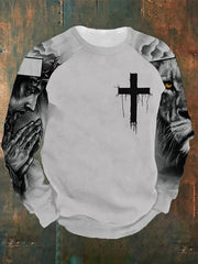 Men's Jesus Cross Print Raglan Crew Neck Sweatshirt