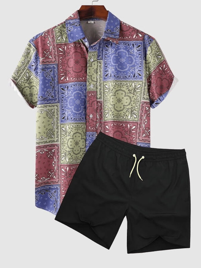 Men's Retro Art Print Shirt + Casual Shorts Two-Piece Set