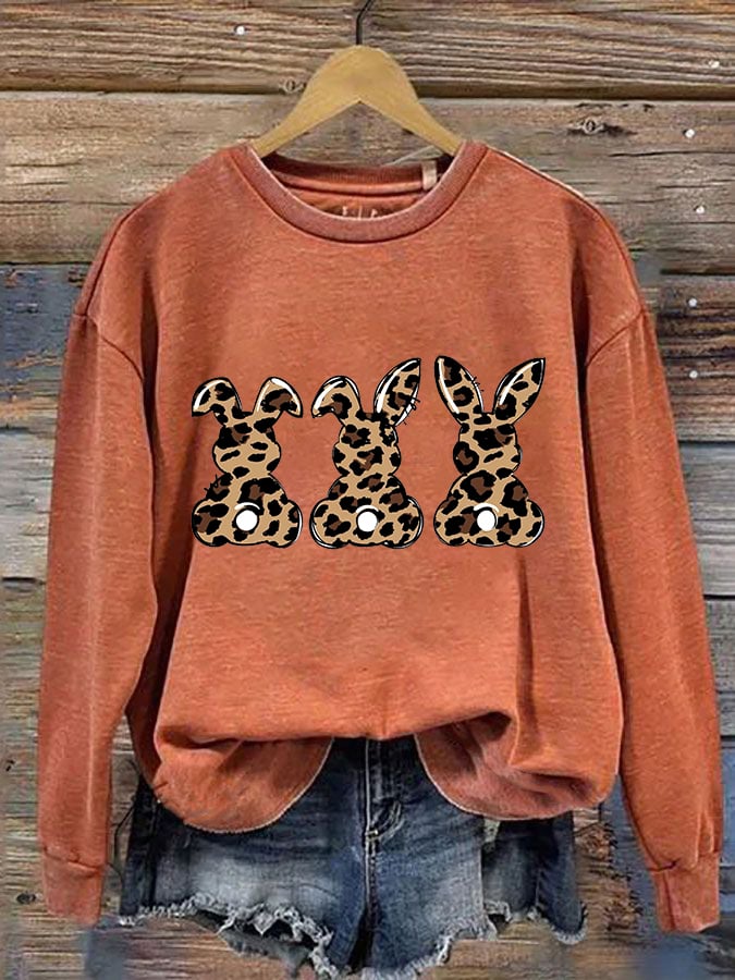 Women's Easter Leopard Bunny Print Sweatshirt