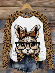 Women's Easter Leopard Print Glasses Rabbit Print Sweatshirt