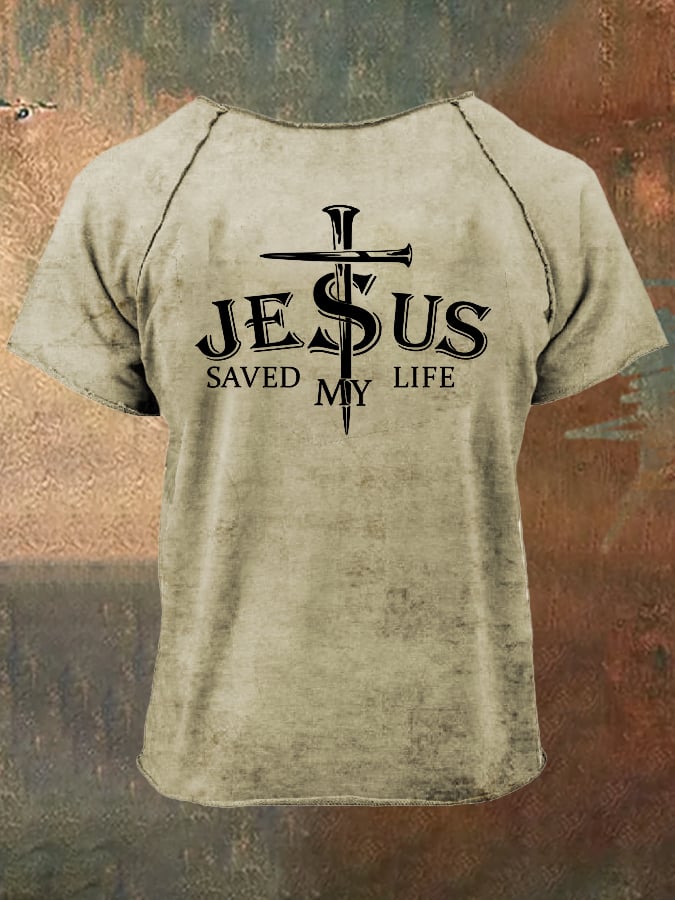 Men's Retro Distressed Rolled Design Faith Print Short Sleeve T-Shirt