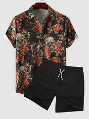 Men's Retro Art Print Shirt + Casual Shorts Two-Piece Set