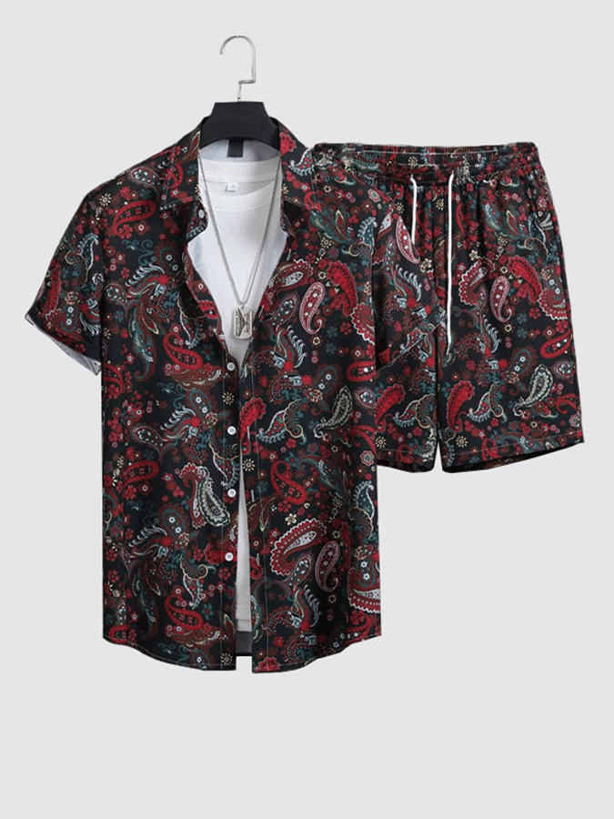 Men's Retro Art Print Shirt + Casual Shorts Two-Piece Set