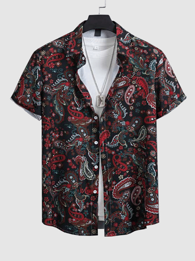 Men's Retro Art Print Shirt + Casual Shorts Two-Piece Set