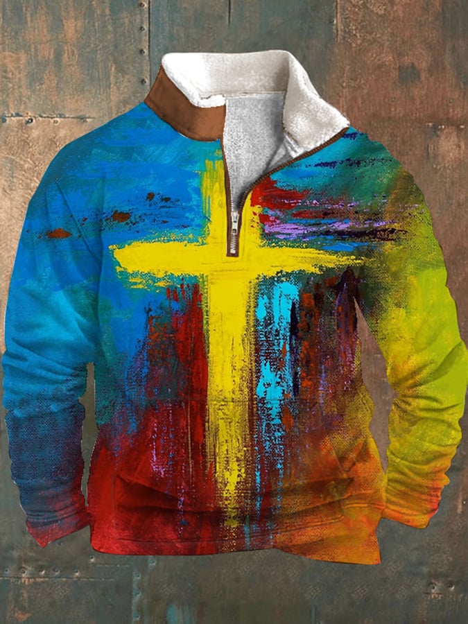 Men's Jesus Faith Cross Print Arctic Velvet Stand Collar Zip Sweatshirt